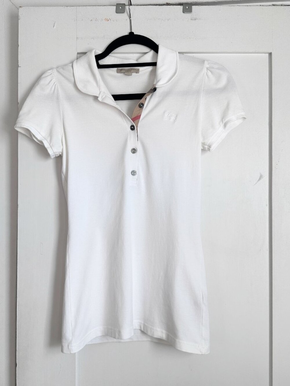 Burberry Brit White Nova Check Polo Shirt Puff Sleeve Logo XS